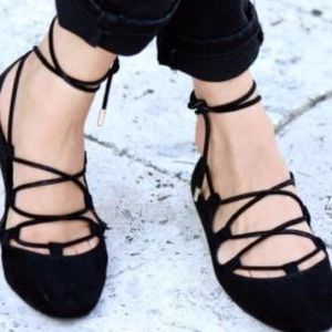 ZARA LACE UP BALLERINAS BLACK FLATS