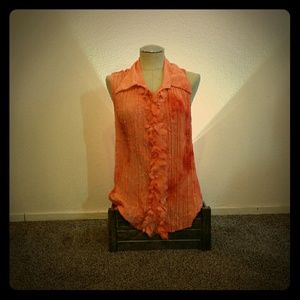 Orange peachy embroidered ruffle button down tank