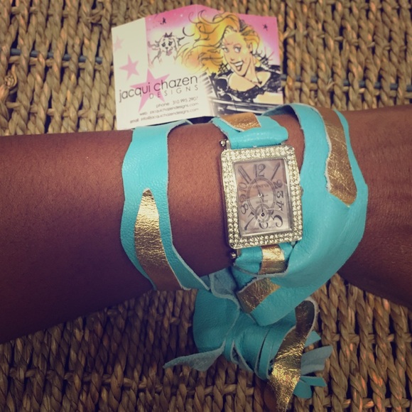 JACQUI CHAZEN Leather bracelet watch in turquoise