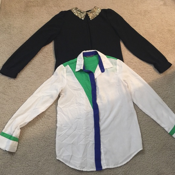 Set of 2 Blouses Sequin Collar Top ButtonDown Top