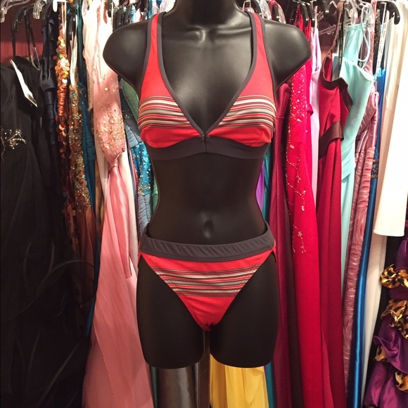 Red and gray stripe swimsuit