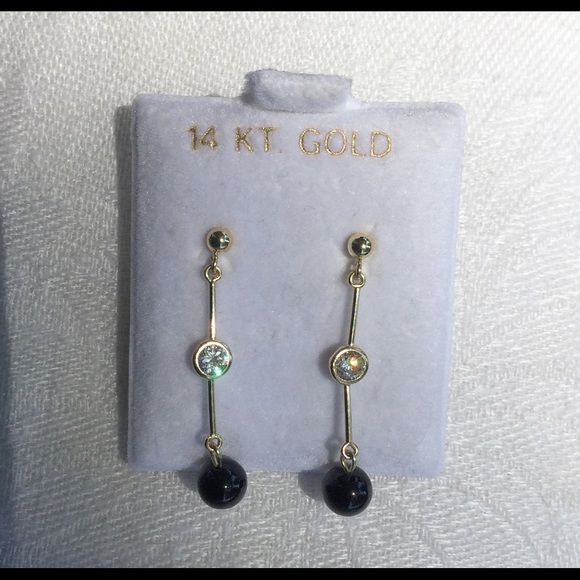 Delicate 14K Gold Drop Earrings with CZ and Onyx