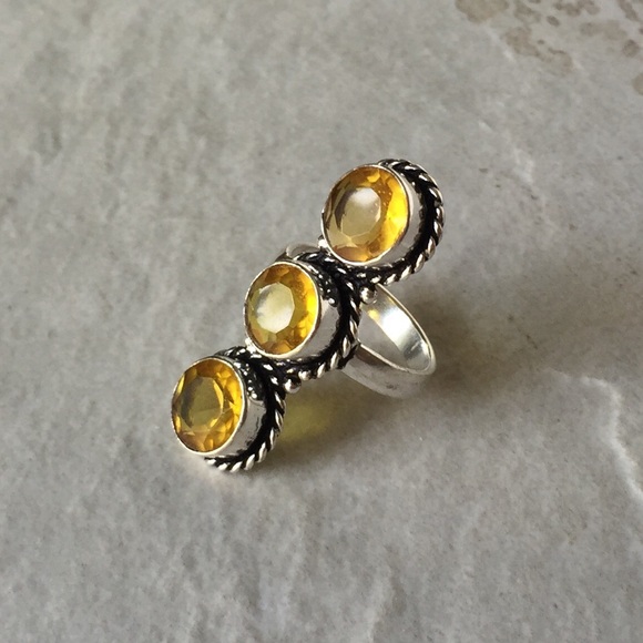 Jewelry - Citrine & 925 sterling silver long 3 gem ring sz 8
