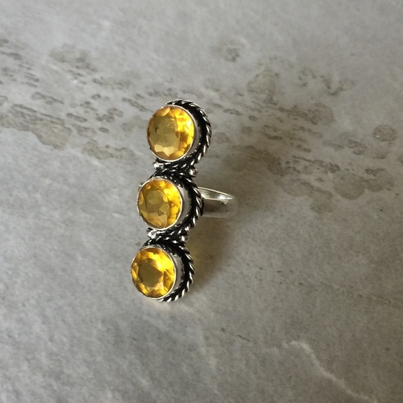 Citrine & 925 sterling silver long 3 gem ring sz 8 - Picture 2 of 4