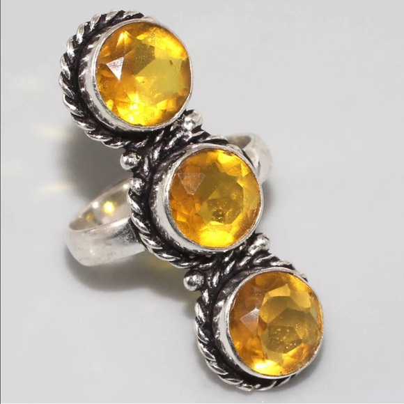 Citrine & 925 sterling silver long 3 gem ring sz 8 - Picture 3 of 4