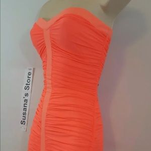 BEBE NEON JASMINE CORAL SEXY RUCHED BODYCON DRESS