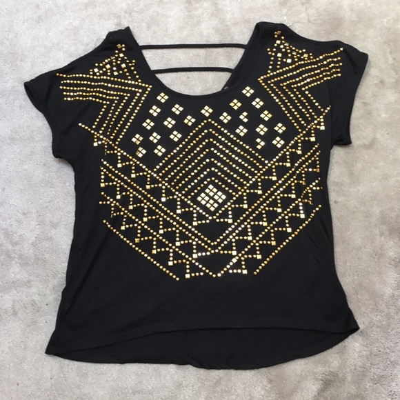 Almost Famous Tops - Black T-shirt with Gold Studs
