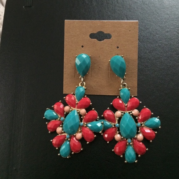 Red & Turquoise Statement Earrings - Picture 1 of 2