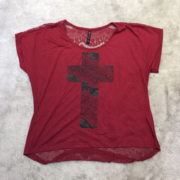 Maroon Cross Tee with Lace Back - Picture 1 of 2