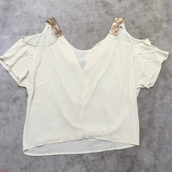 Wet Seal Tops - Tan Shirt with Gold Straps & Cut Out Shoulders