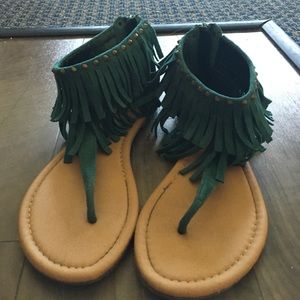 Teal blue fringe sandals