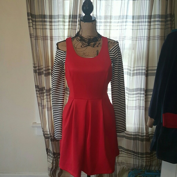 Red suspender dress