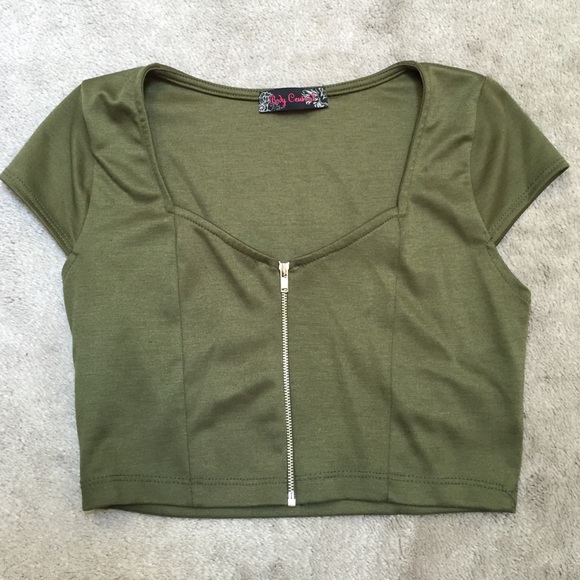 Olive Green Crop Top with Silver Zipper - Picture 1 of 1