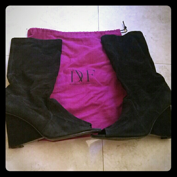 DVF Black Suede open-toed slouchy wedge boots