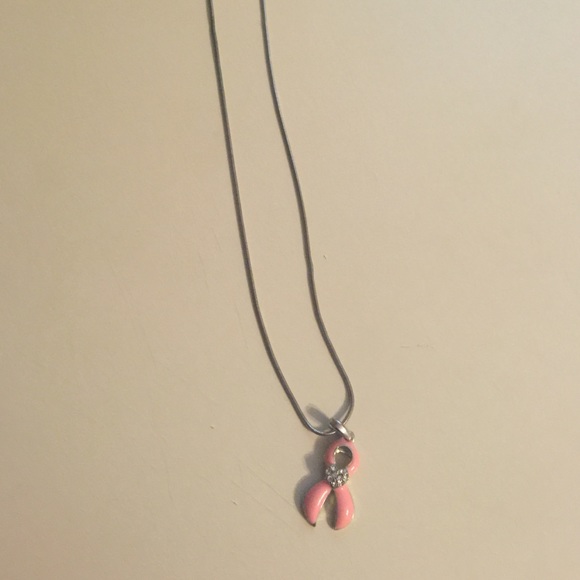 Silver and pink breast cancer necklace