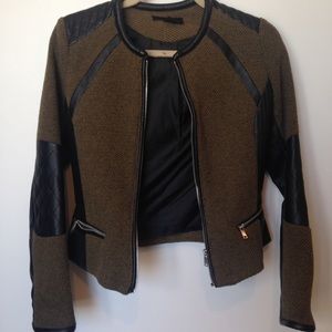 Faux Leather and Green Tweed Zip Moto Jacket