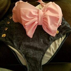 2pc Retro Pink Bikini with Denim bottom