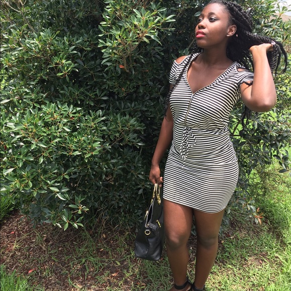 Striped Arm Cut Out Zip Front Dress