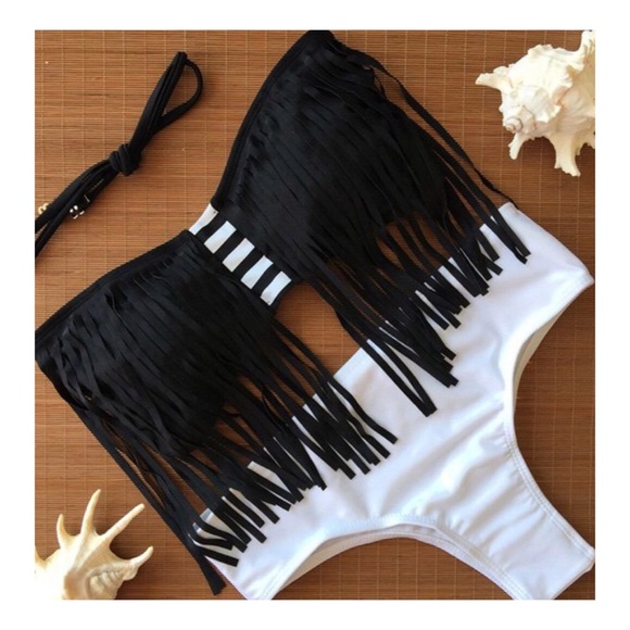 Black and white fringe bikini