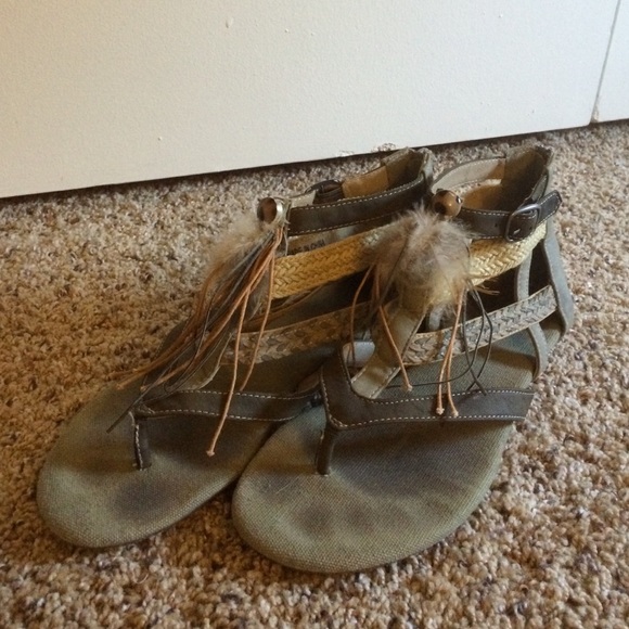 Olive green and tan anklet sandals