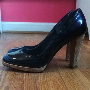 ALDO Size 38 3' Leather Black Heels with Cork Heel