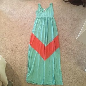 Light blue maxi dress with orange chevron pattern