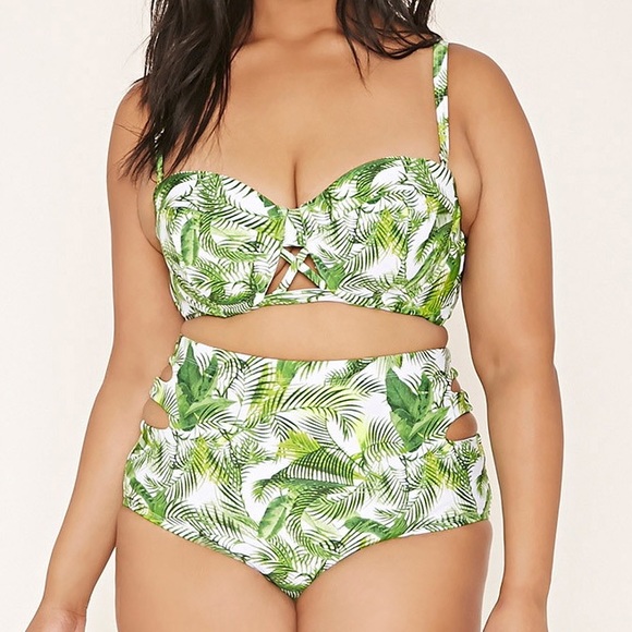 Forever 21 high waisted palm print swim bottoms
