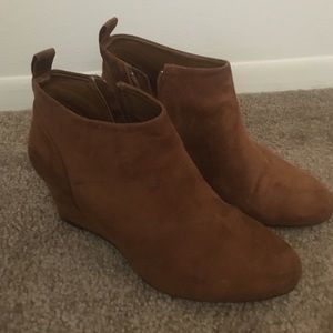 Tan suede, wedge ankle booties