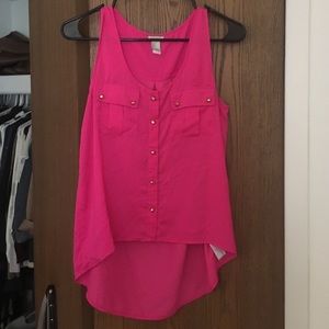 Neon pink top with gold stud buttons