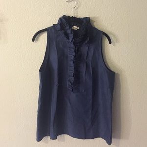 Nice J.Crew silk navy top with ruffle neckline