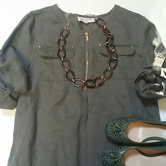 Jones New York Linen olive tunic top zip M