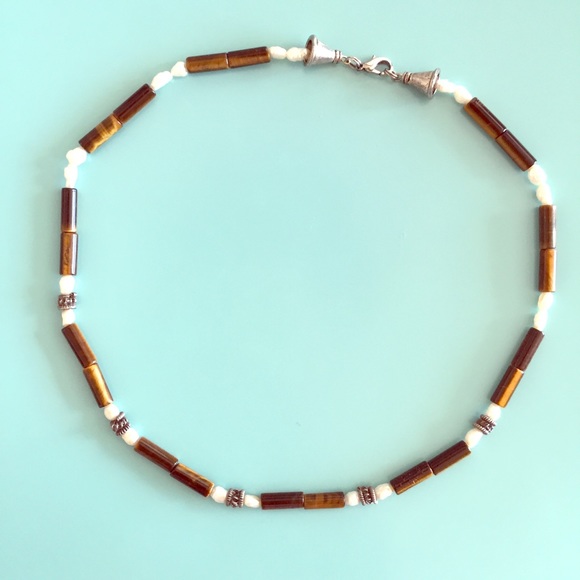 Pearl, Tiger's Eye & Silver Necklace LIKE NEW