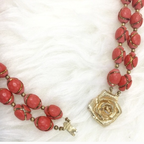 Vintage Necklace Deep Coral Beads Rose Design - Picture 3 of 4