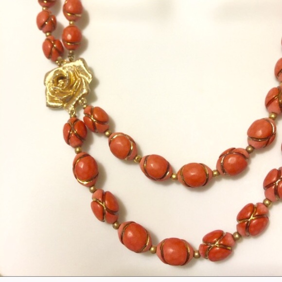 Vintage Necklace Deep Coral Beads Rose Design - Picture 4 of 4