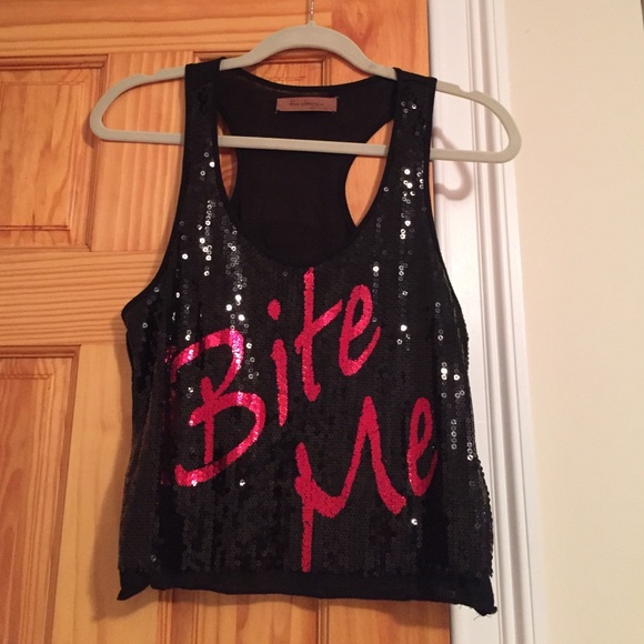 Black sequin tank top "BITE ME"