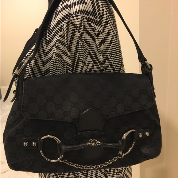 Authentic Gucci Black GG Canvas Chain Shoulder Bag