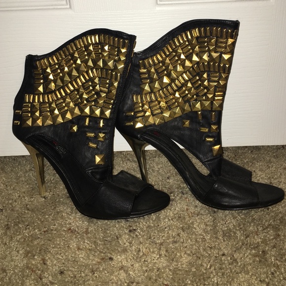 Gold embellished peep toe booties