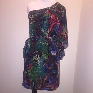 One-Shoulder Embellished Peacock Dress