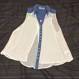 white chiffon and denim collar sleeveless shirt