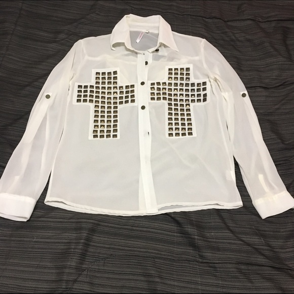 White and gold chiffon button up shirt