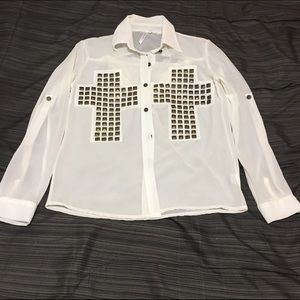 White and gold chiffon button up shirt