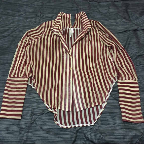 Cream and red striped chiffon button up shirt