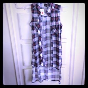 Plaid blue/ pink white button down hi/lo duster