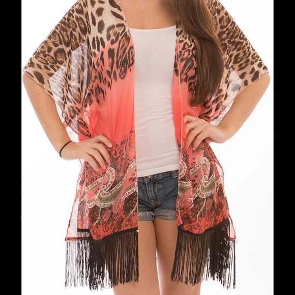 Paisley Leopard Print Fringe Kimono