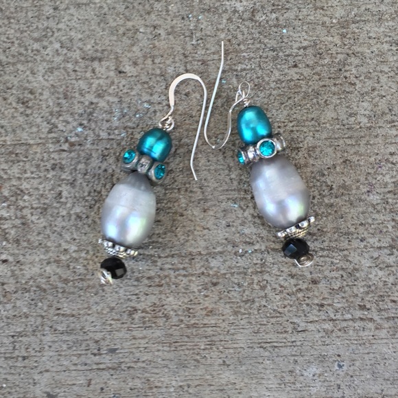 Large silver & teal fresh water pearl earrings