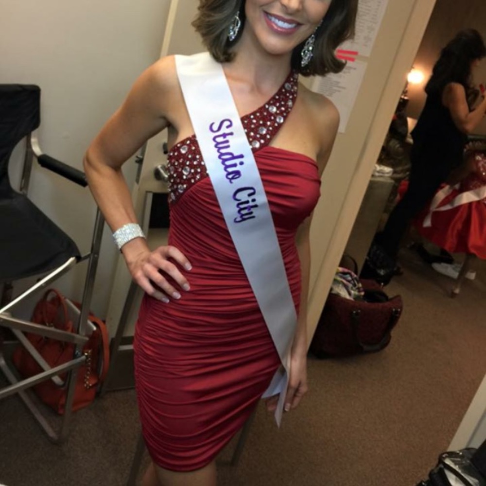 Unique, stoned one-shoulder red cocktail dress!