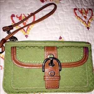 COACH green and brown leather wristlet