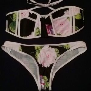 Front Zip Up Floral Black and White Bandeau Bikini