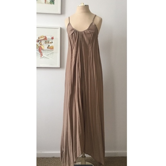 Pink Stitch Tan Asymmetrical Maxi Dress