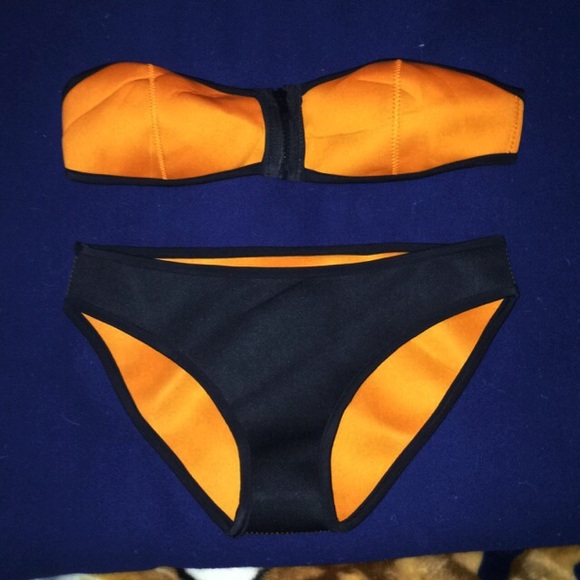 Orange Neoprene Reversible  Zip Up Bandeau Bikini
